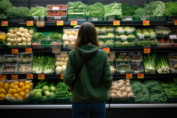 Young woman in front of fresh vegetables in a supermarket checking prices