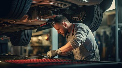 Mechanic takes the lead in inspecting and adjusting the car's brake calipers, utilizing their technical proficiency to optimize braking performance. Generated by AI.