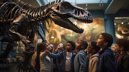 School field trip to a museum engages students in an immersive learning experience, where their curiosity is piqued, questions are answered. Generated by AI. - obrazy, fototapety, plakaty