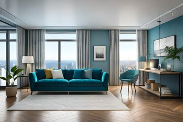 Interior of living room with blue sofa
