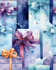 Chistmas gift boxes watercolor seamless pattern