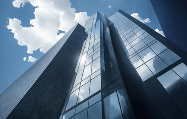 Fototapeta na wymiar Reflective skyscrapers and business office buildings. low angle view of skyscrapers. skyscraper in finance district. Window glass reflects blue sky and white clouds. Generative AI