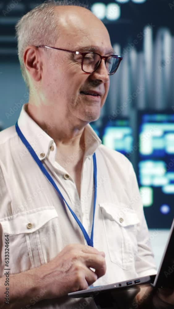 Aufkleber vertical video skilled it professional navigating network of supercomputers in industrial server far