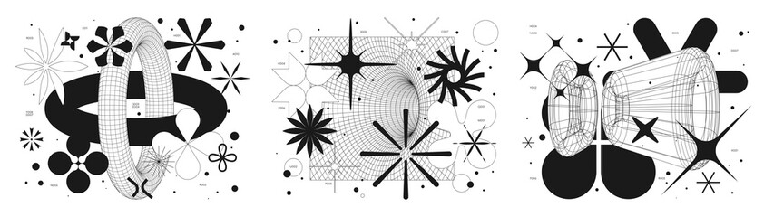 Set futuristic retro PNG minimalistic illustration with 3d strange wireframes form graphic of geometrical shapes, composition in Y2k trendy style, retrofuturistic aesthetic artwork
