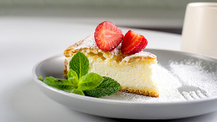 Piece of pie Karpatka on plate. Traditional Polish cake