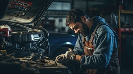 Obraz na płótnie Canvas Technician who dedicates their precision to inspecting and replacing the car's CV joints, contributing to smooth power transfer, minimized wear, and extended component lifespan. Generated by AI.