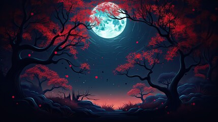 the moon in the red forest background