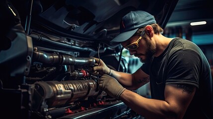 Technician who dedicates their precision to performing a brake fluid flush and replacement, ensuring consistent pedal feel, reduced brake system wear. Generated by AI.