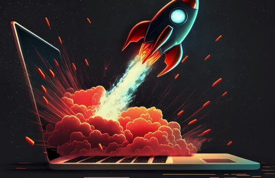 A laptop with a rocket launching out of the screen. Generative ai