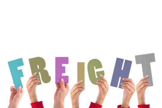 Digital png illustration of hands holding freight text on transparent background