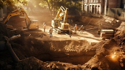 Workers operate heavy construction equipment, their dedicated efforts and technical proficiency shaping the physical landscape. Generated by AI.