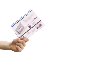 Digital png photo of hand holding card with diagrams on transparent background