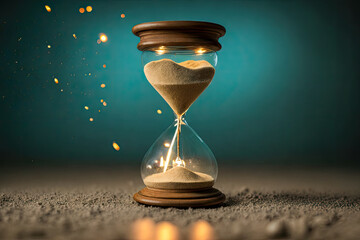 Sand running through bulbs hourglass measuring passing time in countdown to deadline, on dark background. Generative AI