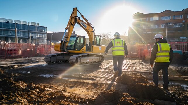 Workers use heavy machinery, their synchronized actions and machinery proficiency working in harmony to excavate and prepare the site. Generated by AI.