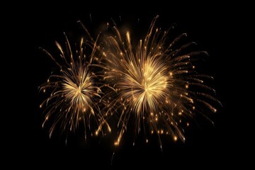 Stunning New Year celebration with bright lights. Abstract fireworks lighting up sky. Bursting colors and golden glow on black background