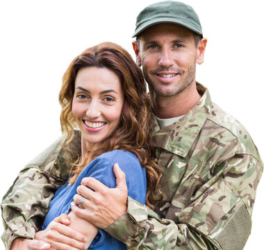 Digital png photo of caucasian woman and male soldier embracing on transparent background