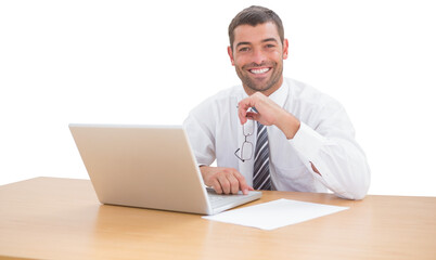 Digital png photo of caucasian businessman using laptop on transparent background