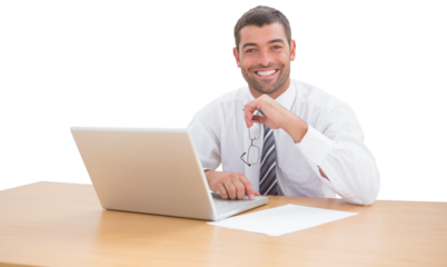 Digital png photo of caucasian businessman using laptop on transparent background