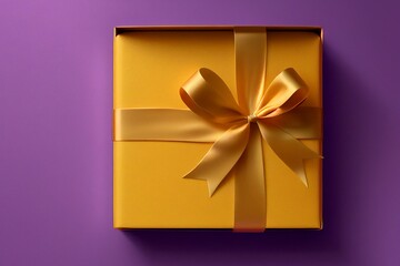 Yellow Gift box with satin ribbon and bow on Violet background. Generative AI