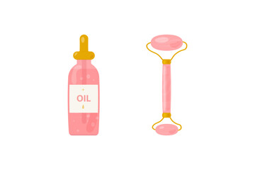 Guasha face massage set. Beauty routine for facial skin care. Rose quartz roller, facial oil.
Vector illustration in flat style isolated on white background.