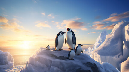 Polar penguin family with sunshine. Generative AI