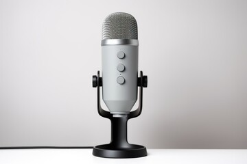 Studio metal microphone on white background. International Podcast Day Radio, sound work, space for text