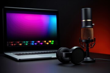 For the International Day of Podcasters. Podcaster's workstation in the studio. Microphone, headphones. Laptop.