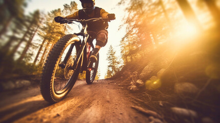 Woods in Motion: Blurred Background of a Speeding Biker. Ai generative