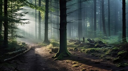 Obraz premium Forest landscape comes alive as the morning fog adds an element of mystery and beauty, veiling the trees in a soft mist and casting a sense of calm over the surroundings. Generated by AI.