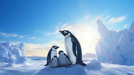 Polar penguin family with sunshine. Generative AI
