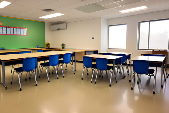 picture collage of classroom interior with school desks chair for teaching learning students