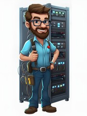 Clipart in cartoon style of a mal IT technician standing in front of a server rack on a white background