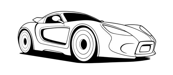 Outline drawing of fast Cartoon racing car concept, car coloring page line art, sport vehicle from side and front view. Vector doodle illustration, design for coloring book or print