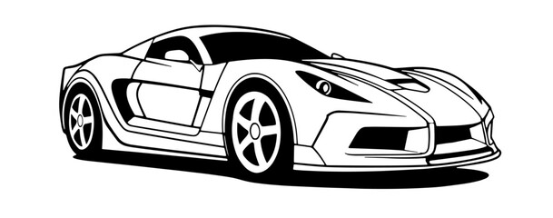Outline drawing of fast Cartoon racing car concept, car coloring page line art, sport vehicle from side and front view. Vector doodle illustration, design for coloring book or print