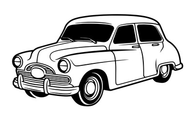 Fototapeta na wymiar Outline drawing of old retro Cartoon car concept, car coloring page line art, vintage vehicle from side and front view. Vector doodle illustration, design for coloring book or print