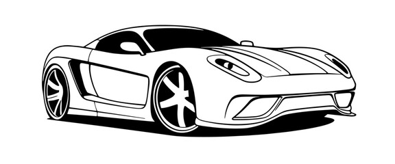 Outline drawing of fast Cartoon racing car concept, car coloring page line art, sport vehicle from side and front view. Vector doodle illustration, design for coloring book or print