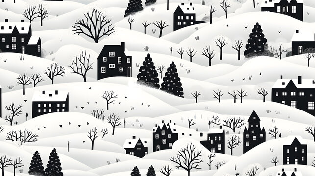Cartoon cozy winter city seamless  background. Black and white colors