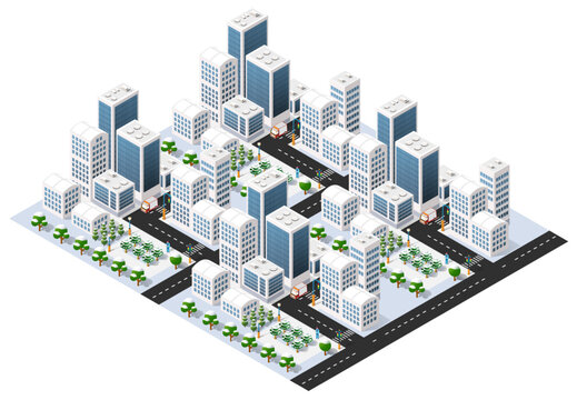 Flat isometric map, landscape city, building skyscraper, parks, cafe, landmarks. Vector 3d top