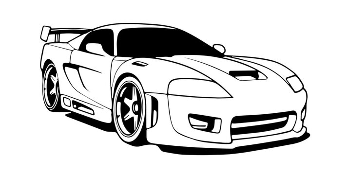 Outline drawing of fast Cartoon racing car concept, car coloring page line art, sport vehicle from side and front view. Vector doodle illustration, design for coloring book or print
