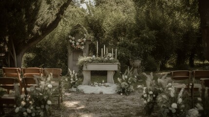 Obraz premium Vintage and greenery vibe wedding ceremony with the bride and groom 