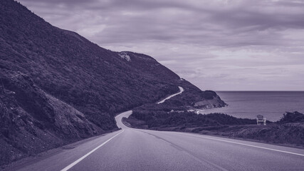 World Famous Cabot Trail on Route 30 in Petit Étang, Nova Scotia, Canad, retro-style monotone photo