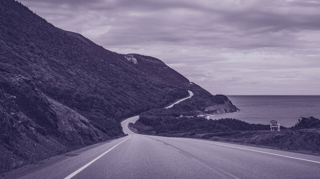 World Famous Cabot Trail on Route 30 in Petit &Eacute;tang, Nova Scotia, Canad, retro-style monotone photo