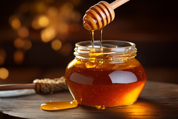 A close-up shot of a honey jar overflowing with golden honey against a rustic wooden background