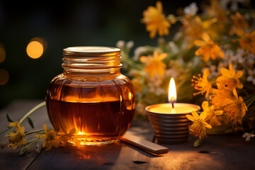 A serene evening capture of a honey jar lit up by candlelight, creating a warm and inviting ambiance 