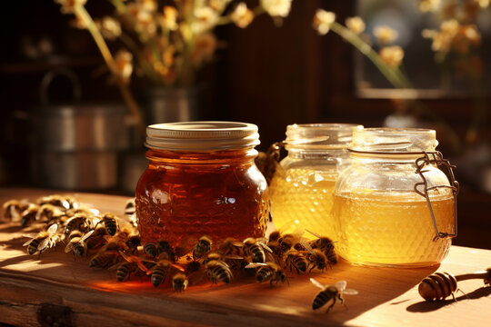 A honey jar placed amidst a scene of beekeepers collecting honeycombs from beehives in a sunlit apiary 
