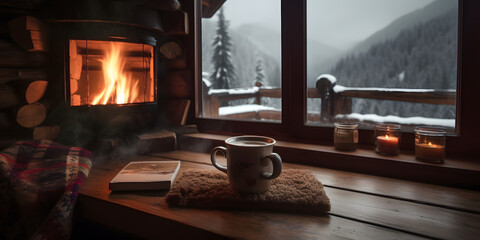 mountain cabin cozy fireplace hot chocolate generative AI