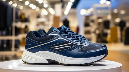 A pair of stylish men's textile lightweight sports sneakers in navy blue and white on a stand in front of a shoe store in a shopping mall Generative AI