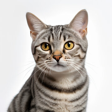 Portrait American Shorthair breed cat. Striped gray cat on a white background. Isolated photo of a cat.
