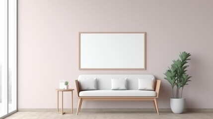 A framed empty mockup poster layout on the wall in a hospital waiting room with modern Scandinavian - style furniture and a large window. Generative AI