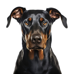 Portrait Doberman Pinscher breed Dog. Black dog on a white background. Isolated photo of a dog.